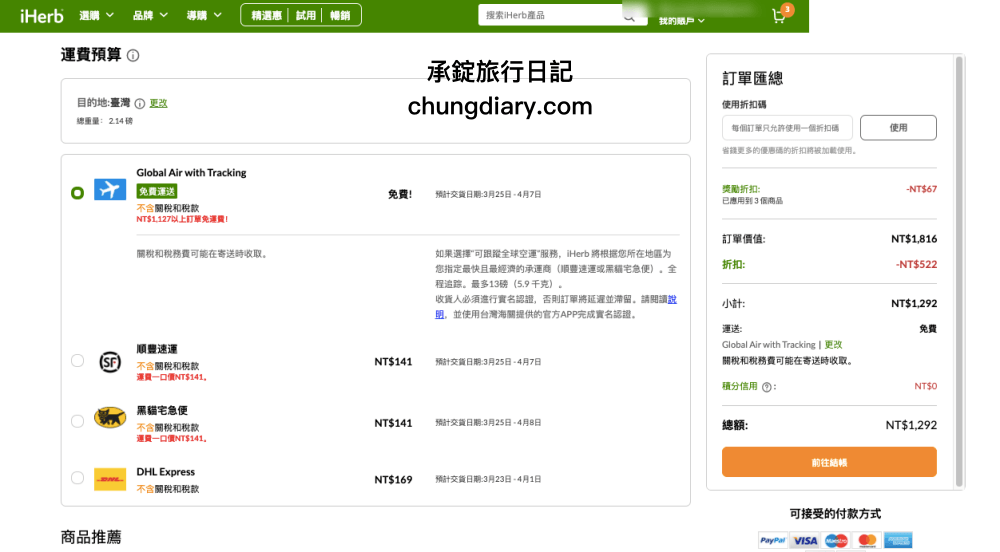 iHerb國外網路購物一次就上手！保健食品類「葉黃素、Omega-3魚油、諾麗果膠囊」價錢更優惠！買40元美金即可免運費！