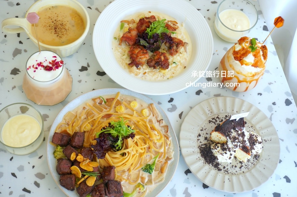 貳食尋夢所｜台中北區英才路早午餐推薦，純白歐風裝潢餐廳，療癒系美食義式料理，義大利麵、燉飯、可頌餐盤、濃湯、與蛋糕甜點。