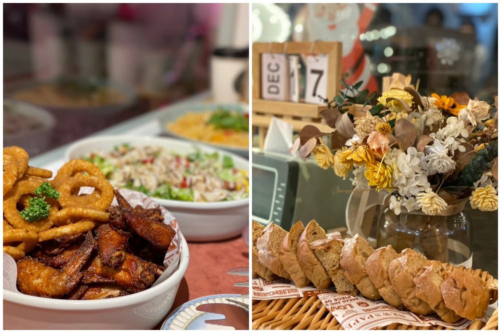 食久茶事｜台中大里寵物友善餐廳，白色玻璃貨櫃屋，戶外草皮庭院開放座位區，專賣：義大利麵/燉飯/咖喱飯/下午茶甜點與飲品。