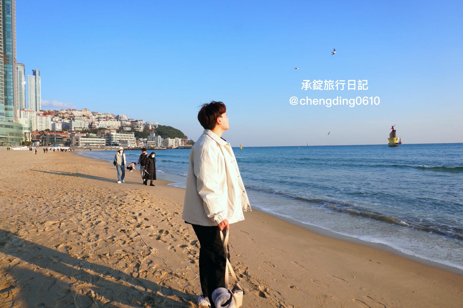 韓國冬天這樣玩！釜山海雲台海水浴場｜海鷗｜沙灘｜看著大海吃草莓